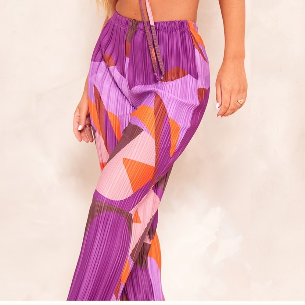 NWT PrettyLittle Thing Pink Orange Print Plisse High Waist Wide Loose Leg Pants - Picture 3 of 12